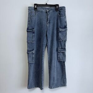 Y2K Baggy Multi-Pocket Cargo Denim Jeans Blue Acid Wash Streetwear